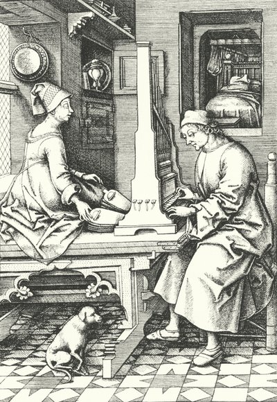 Musicians playing an organ in a country house in the 15th century by German School