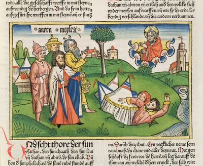 Numbers 16:32 The Earth swallows the rebels Dathan and Abiram, from the Nuremberg Bible by German School