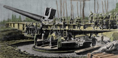 Often confused with the Big Bertha cannon, the Paris cannon (Wilhelmgescutae) is the most mysterious of the German guns of the First World War. Calibre 210 mm; flight length 36 m; range 126 km; total weight 750 T; projectile weight 105 Kg at 1600 m/sec. 19 by German School