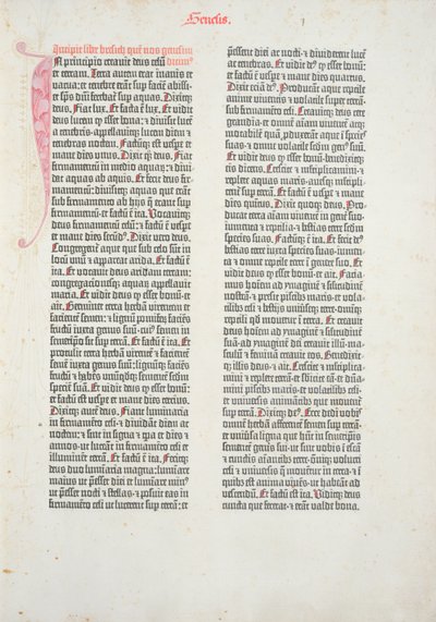 Opening page of the book of Genesis from the Gutenberg Bible, printed by Johannes Gutenberg and Peter Schoeffer in Mainz, 1454-56 by German School