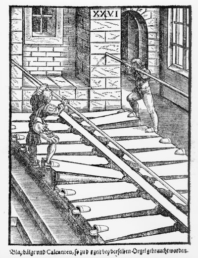 Organ Bellows and Blowers in Halberstadt Cathedral, from Praetorious Syntagma Musicum, pub. in 1619 by German School