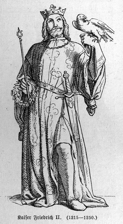 Portrait of Frederic II of Hohenstaufen, King of the Holy Roman Empire. Engraving in 