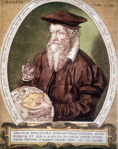 Portrait of Gerhard Kremer dit Gerardus Mercator (1512-1594). False title of the first edition of the Atlas by German School