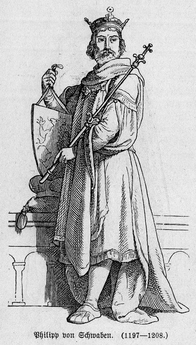 Portrait of Philip I of Swabia known as Philip of Hohenstaufen (1176-1208), German Emperor, King of the Romans and King of Italy. Engraving in 