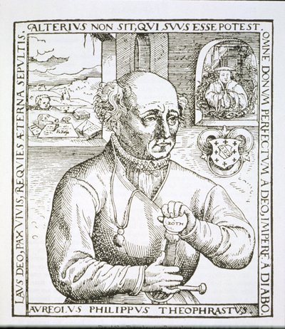 Portrait of Theothrastus Paracelsus, copy of an illustration from his book Astronomica et Astrologica Pouscula, Cologne 1567, used in a History of Magic, published late 19th century by German School