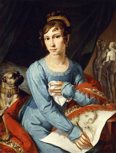 Portrait of a Lady with her Pug Dog by German School