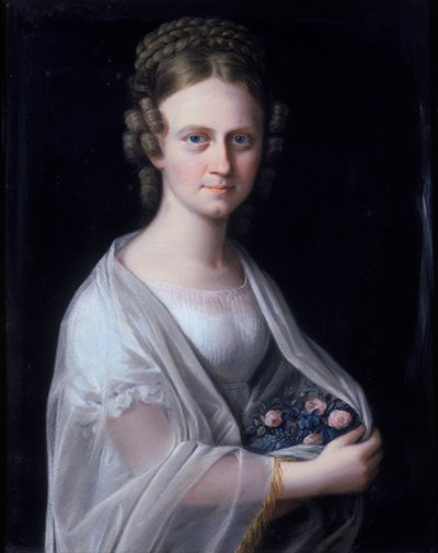 Portrait of a Woman with pink roses in her arms by German School