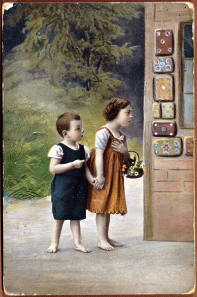 Postcard depicting Hansel and Gretel in front of the gingerbread house by German School