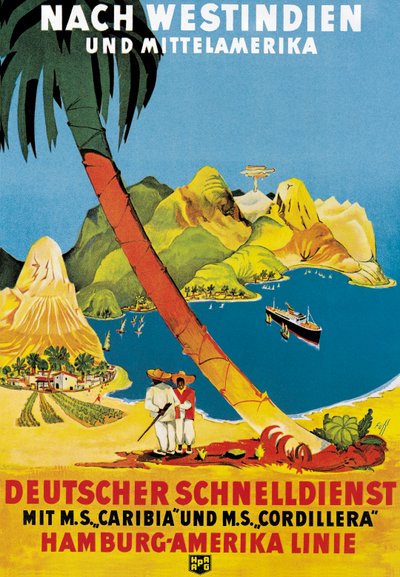 Poster advertising Hamburg-Amerika Linie routes to the West Indies and Central America by German School