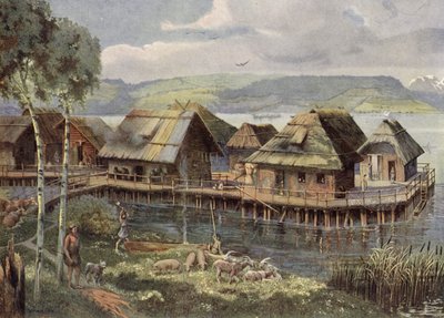 Prehistoric European lake village by German School