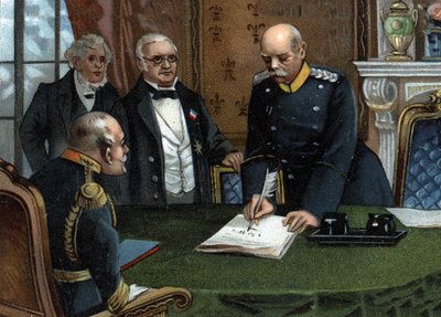 Preliminary peace treaty of 26 February 1871 signed in Versailles, end of the Franco-Prussian war Between the head of the executive power of the Republic, Mr. Adolphe Thiers, and the Minister for Foreign Affairs, Mr. Jules Favre, representatives of France by German School