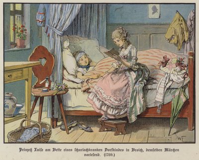 Princess Louise of Mecklenburg-Strelitz reading at the bedside of a sick village girl in Broich by German School