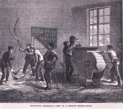 Prussians threshing corn in a French school room, Cassells History of the War between France and Germany published by Cassell and Company Limited, c.1890 by German School