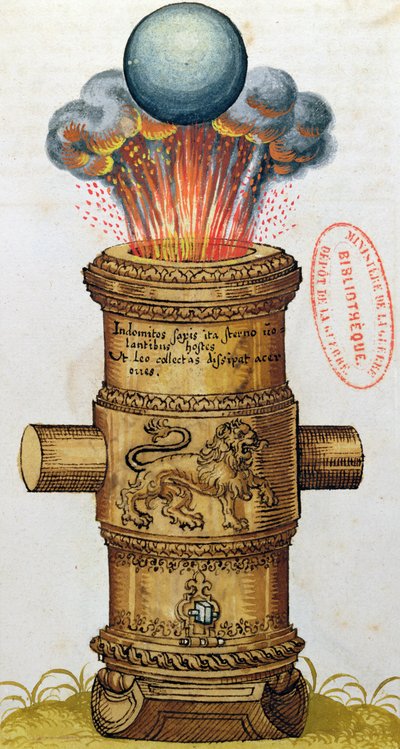 Raised cannon firing a cannonball, from The Art of Artillery by German School