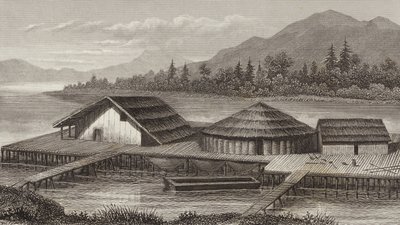 Reconstruction of an ancient lake village (Illustration for Bilder-Atlas) by German School