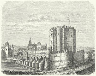 Roman bridge and Great Mosque of Cordoba, Spain by German School
