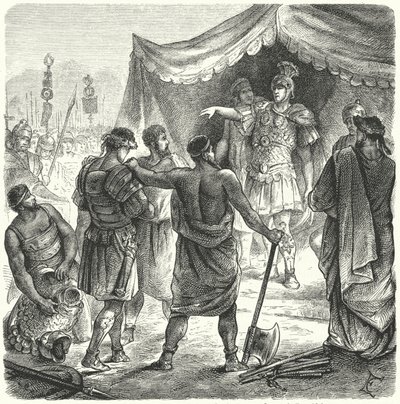 Roman consul Titus Manlius Torquatus condemning his son to death for leaving his post in battle by German School