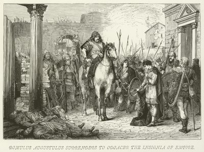Romulus Augustulus surrenders to Odoacer the Insignia of Empire by German School