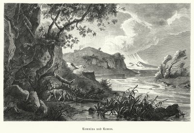 Romulus and Remus, legendary founders of ancient Rome, being suckled by the she-wolf in the wilderness by German School