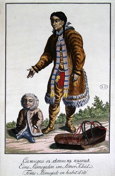 Samoyed Woman in Summer Clothing with Her Baby and a Cradle by German School