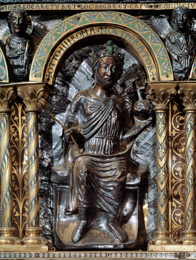 Sarcophagus of Charlemagne (742-814). Representation of Emperor Otto IV of Brunswick (c. 1175-1218). Germany. Palatine Chapel of the Cathedral of Aachen by German School