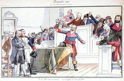 Satirical cartoon depicting the Dreyfus Affair as a revolutionary trial by German School