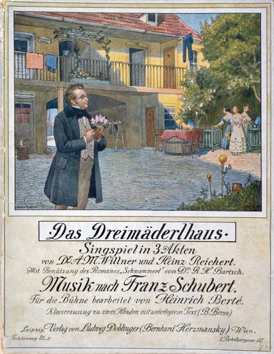Score Cover of Das Dreimaederlhaus (The House of the Three Girls) Depicting Schubert in Front of the House by German School