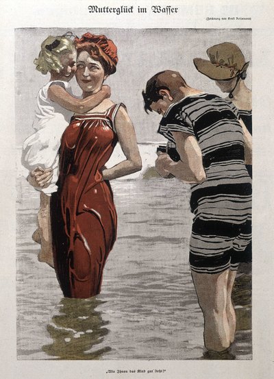 Sea Bath: A Woman and Her Daughter in Bathing Suit by German School