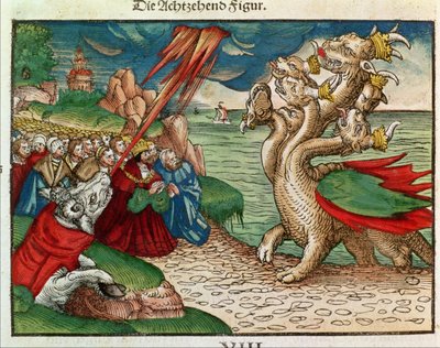 Seven-headed serpent from the Book of Revelation, from the Luther Bible by German School