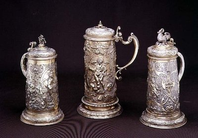 Silver gilt cylindrical tankard by Paul Hubner, Ausburg 1590; silver-gilt cylindrical tankard by Tobias Kramer, Ausburg 1620; parcel gilt cylindrical tankard by Paul Hubner, Ausburg 1590 by German School
