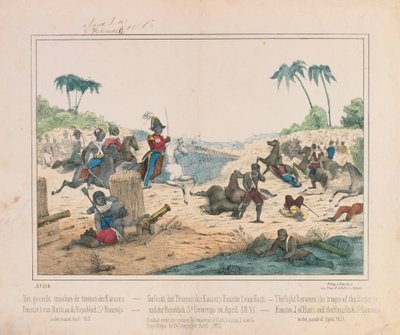 Skirmish Between Troops of Emperor Fuastin I of Haiti and the Dominican Republic of Santo Domingo in April 1851, Pictorial Broadsheet Published by Fried. Schulz Verlag, Stuttgart, 1851 by German School