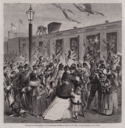 Soldiers of the Prussian Gardelandwehr welcomed at Potsdam Station, Berlin, on their return from the Franco-Prussian War, 22 March 1871 by German School
