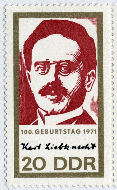 Stamp representing Karl Liebknecht, a German revolutionary communist, one of the founders of the Spartakist movement by German School