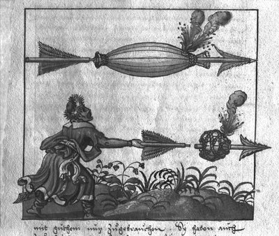 Tactical Use of Artillery: Incendiary Arrows, illustration from LArt de lArtillerie by Wolff de Senftenberg, late 16th century by German School