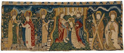 Tapestry Antependium Depicting the Coronation of the Virgin Between Three Holy Bishops and Two Saints, from Middle Germany by German School
