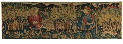 Tapestry Strip Depicting Two Youths Hawking and Hunting by German School
