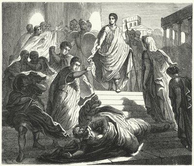 Tarquinius Superbus assassinating his father-in-law, Servius Tullus, to claim the Roman throne (engraving) by German School