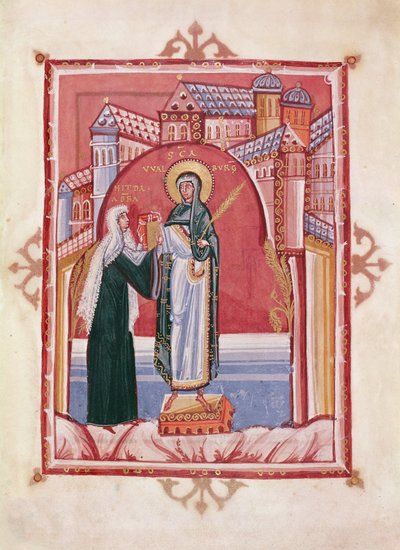 The Abbess Hilda offering the gospel to St. Walburga by German School