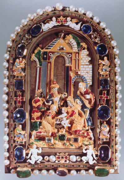 The Adoration of the Kings, Relief Plaque Framed with Miniature Figures of the Four Evangelists and Putti Alternating with Sapphires, from Munich by German School