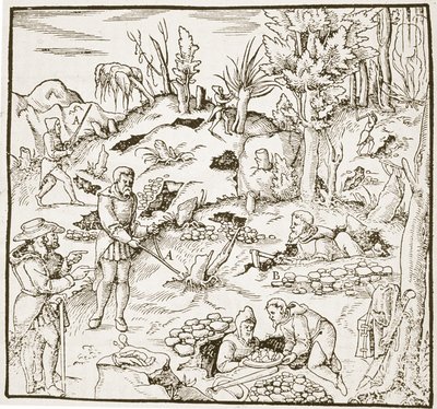 The Divining Rod, from Bergwerk Buch by Georg Agricola, Frankfurt 1580, illustrated in a History of Magic, published late 19th century by German School
