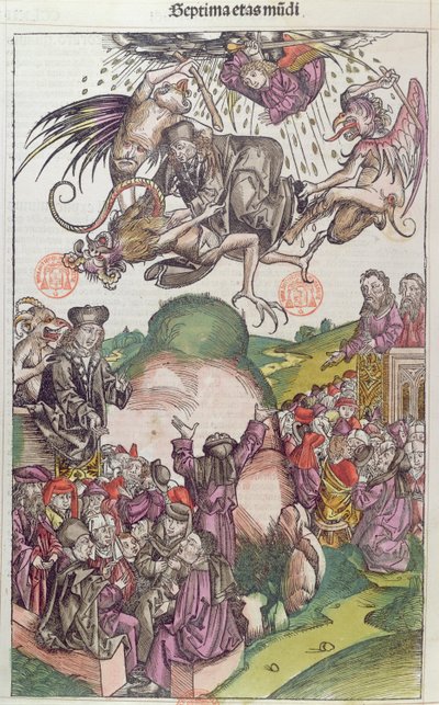 The Fall of Simon Magus, from La Chronique de Nuremberg by Hartmann Schedel, Nurnberg, 1492 by German School