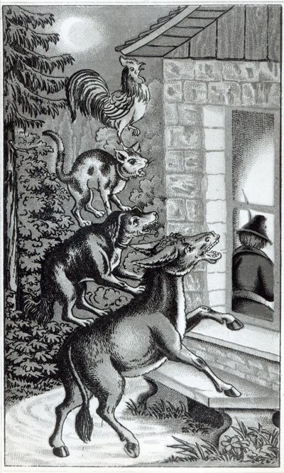 The Four animals shouting at the window, illustration for The Musicians of Bremen Town, tale by the Brothers Grimm by German School