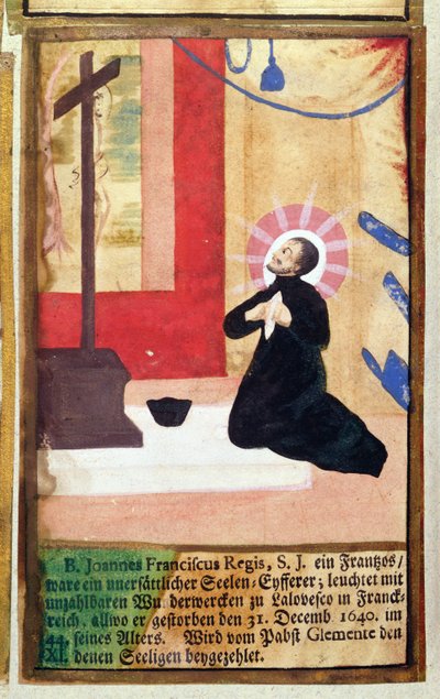 The French Father Jesuit Jean Francois Regis (1597-1640) Kneeling Before a Crucifix, from The Jesuits Martyrology, 1688 by German School