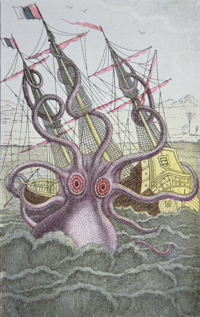 The Kraken drags down a ship by German School