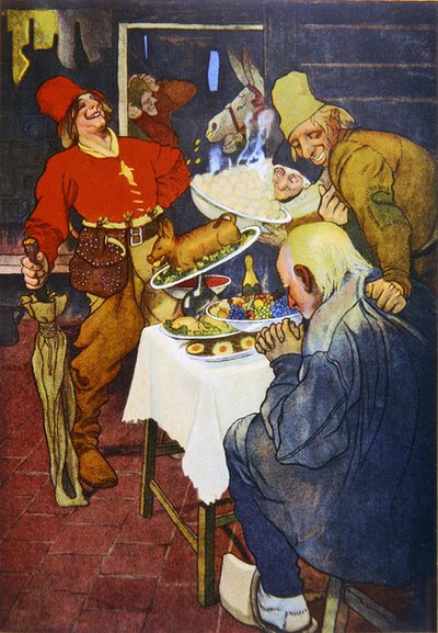 The Magic Table and the Golden Donkey, illustration of a fairytale by the Grimm Brothers by German School