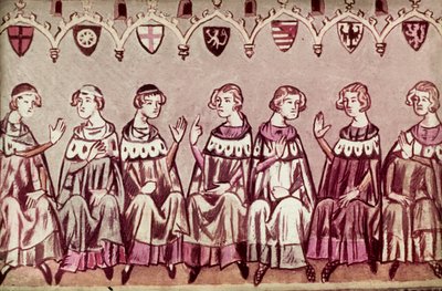 The Seven Prince Electors electing Henry VII, Holy Roman Emperor, illustration from the Chronicle of Henry VII (Balduineum) 1341 by German School