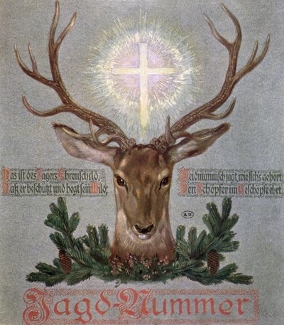 The Stag of St. Hubert (655-727), cover illustration from a hunting journal, 1908 by German School