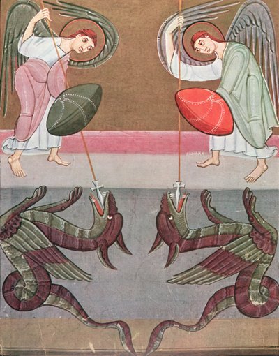 The angels accompanying St. Michael attack the dragons, facsimile of the Bamberg Apocalypse by German School