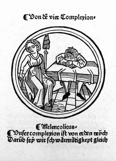 The four temperaments: melancholic (sad and depressed) (xylography, Augsburg 1480) by German School