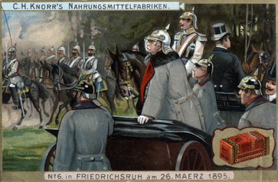 The military troops of the Prussian Armee passed before Chancellor Otto von Bismarck on 26 March 1895 in Friedrichsruh, Germany. Chromolithography, late 19th century by German School